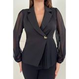 Zishan Fashion Piliseli Kadın Ceket Metal Düğme Detaylı Kolları Tül Şık ve Modern Tasarım 033 - Siyah - 48