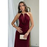 Zishan Fashion Sandy Kumaş Straplez & Halter Yaka Uzun Abiye Elbise - Dökümlü Bodycon Gece Elbisesi 10178 - Bordo
