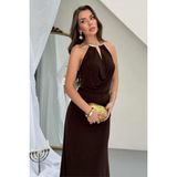 Zishan Fashion Sandy Kumaş Straplez & Halter Yaka Uzun Abiye Elbise - Dökümlü Bodycon Gece Elbisesi 10178 - Kahverengi - 40