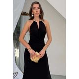 Zishan Fashion Sandy Kumaş Straplez & Halter Yaka Uzun Abiye Elbise - Dökümlü Bodycon Gece Elbisesi 10178 - Siyah - 36