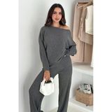 Zıshan Kayık Yaka Oversize Yumuşak Triko Kazak Ve Bol Paça Alt Üst İkili Takım (Bej/Gri/Siyah) 7048