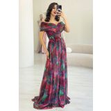zks grup tekstil Kadın Batik Desenli Madonna Yaka Desenli Tül Abiye Elbise Mor, Mürdüm, Saks Mavi, Yeşil