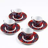 Zm Decor Kahve Fincan Takımı Ekose Kırmızı 4'lü set