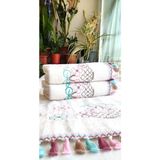 Z&N Style (3'lü set) Çeyizlik 50X90 Cm. Kanaviçe Çiçek Desenli Püsküllü Kadife Lüks Havlu Seti - 50 x 90 cm - Krem