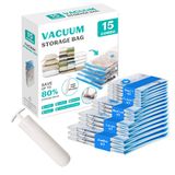 ZOESTORAGE 15 paket yerden tasarruf sağlayan vakumlu saklama torbaları giyim için mühür torbaları seyahat bagajı giysileri yorganlar battaniyeler el pompası dahildir (3 Jumbo/3 Büyük/3 Orta/3 Küçük/3