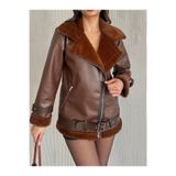 zoezoe KADIN İÇİ KÜRKLÜ DIŞI DERİ BİKER JACKET CEKET MONT HİJAP Kahverengi-kahve M