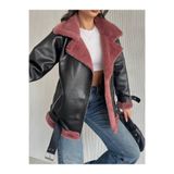 zoezoe KADIN İÇİ KÜRKLÜ DIŞI DERİ BİKER JACKET CEKET MONT HİJAP Siyah-Pudra S
