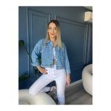 zoezoe Zımba Detaylı Düğmeli Crop Jean Ceket Mavi-L MAVİ M