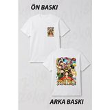 Zoka Wear One Piece Hasir Sapka Korsanlari Anim Ön ve Sırt Baskılı Tişört - Beyaz - L - XL