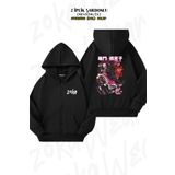 ZOKAWEAR Oversize Demon Slayer Nezuko Sırt Baskılı Fermuarlı Kapşonlu Siyah Hırka (2 İplik)