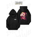 ZOKAWEAR Oversize Helluva Boss Blitzo Sırt Baskılı Fermuarlı Kapşonlu Siyah Hırka (2 İplik)