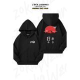ZOKAWEAR Oversize Japon Sırt Baskılı Fermuarlı Kapşonlu Siyah Hırka (2 İplik)