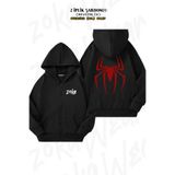 ZOKAWEAR Oversize Spider Logo Sırt Baskılı Fermuarlı Kapşonlu Siyah Hırka (2 İplik)