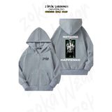 ZOKAWEAR Oversize Zoro Nothing Happened Sırt Baskılı Fermuarlı Kapşonlu Gri Hırka (2 İplik)