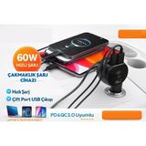 Zoli Araç Çakmaklık 60W Hızlı Şarj Aleti Geri Çekilebilir Makaralı Type-C Kablo, Ekstra USB ve Type-C Çıkışlı - Siyah