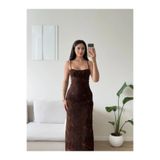 Zoom Butik Çiçek Desen Sırt Bağcıklı Elbise - KAHVE