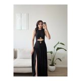 Zoom Butik Güneş Gold Toka Yırtmaçlı Elbise - SİYAH
