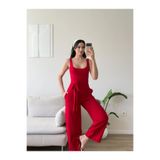 Zoom Butik Kuşaklı Ön Arka Kare Tulum - KIRMIZI