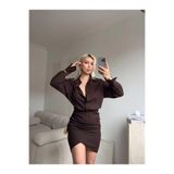 Zora Butik Çizgili Double Gömlek Elbise - KAHVE