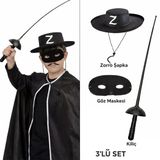 Zorro Kostüm Seti 3 Lü Çuk - Şapka, Maske Ve