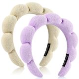 Ztomine Spa Saç Bantları, 2'li Set, Yüz veya Yüz Yıkama için Havlu Kumaş Kafa Bandı, Yüz Yıkama için Kabarık Makyaj Saç Bantları, Maske, Bej + Mor (1 Bej ve 1 Mor Kombo Paket)