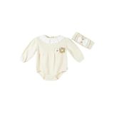 zubi baby Krem Rengi Fisto Yaka ve Örgü Çiçek Detaylı Kız Bebek Body/Tulum ve Saç Bandı Ekru 9-12 Ay