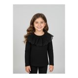 zubi kids Kız Çocuk Geniş Dantel Yakalı Siyah Bluz (5-14 Yaş)