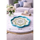 Zucci Home 36 cm Çiçek Desenli Cam Dekoratif Tepsi | Akdeniz Esintisi | Shine Turquoise Royale | Çiçek Motifi Renkli 36 x 36