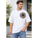 Zueofficial %100 Pamuk Oversize Erkek Tişört Arkası Desenli Salaş Beyaz T-Shirt - 00-Beyaz