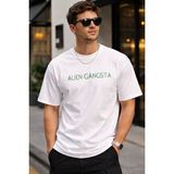 Zueofficial Alien Gangsta Baskılı Beyaz Oversize Tişört %100 Pamuk Erkek Basic Rahat Kalıp Streetwear - 0-Beyaz - XL