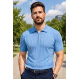 Zueofficial Erkek Açık Mavi Saç Örgü Desenli Yarım Fermuarlı Premium Erkek Polo Yaka Tişört - 12FS-Açık Mavi - 2XL
