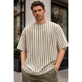 Zueofficial Erkek Oversize Haki Çizgili Jakar Kumaş Günlük Yazlık Tişört - 0 Beyaz - XL