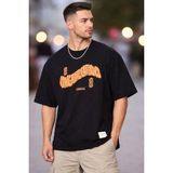 Zueofficial Siyah Oversize Erkek Tişört Congratulation Baskılı %100 Pamuk Bisiklet Yaka Salaş Kesim T-Shirt - 000 - Siyah