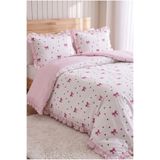 Zühre Home Fırfırlı, Pembe Fiyonk ve Kalp Desenli Çift Kişilik Nevresim Takımı | 200x220 cm Nevresim, 2 Adet 50x70 cm Yastık Kılıfı | Pamuklu Yumuşak Doku