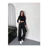 Zula Moda Kadın Palazzo Kumaş Pantolon - Yandan Kemerli | Cepli | Siyah & Gri | S-XL