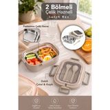 Zümha Paslanmaz Çelik Lunch Box - Taşınabilir Çatal Bıçaklı Bölmeli Yemek Kabı Saklama Kutusu Bej