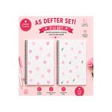 Zumio 2'li A5 Spiralli Defter Seti | Çizgisiz Iç Sayfa | Çiçek ve Kalp Tasarımlı 60 Yaprak