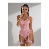 Zumoo Kadın Dantel Fantazi Body Jartiyer Detaylı İç Giyim Takımı (Pembe & Mavi) Pembe M