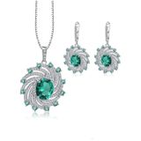 Zumrut Oval Tasli Luxury Vintage Kadin Gumus Kolye Kupe Set