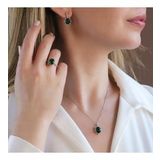 Zümrüt Taşlı Elips Lotus Çiçeği Gümüş Set