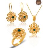 Zümrüt Taşlı Gül Model Kadın Gold Kaplama 925 Ayar Gümüş Telkari Üçlü Set 201025480