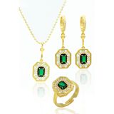 Zümrüt Taşlı Sekizgen Model Gold Kaplama 925 Ayar Gümüş Üçlü Set 201024003