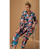 Zümrüt Yeşil Saten Önden Düğmeli Uzun Kollu Kadın Çiçekli Pijama Takımı, 3XL, N5654-19804IGP27193769