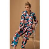 Zümrüt Yeşil Saten Önden Düğmeli Uzun Kollu Kadın Çiçekli Pijama Takımı, L, N5654-19804IGP27193766