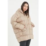 ZUQA STORE Kadın Kapşonlu Oversize Bej Şişme Mont