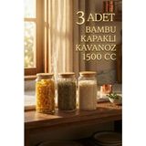 Zuri Design 3'lü Büyük Boy Cam Kavanoz Seti 1500 cc – Vakumlu Bambu Kavanoz - Kahverengi - Bej