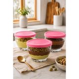Zuri Design 3’lü Puding Kasesi Seti Pembe Kapaklı Cam Tatlı ve Muhallebi Kasesi 280 cc - 3 ADET
