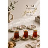 Zuri Design 6'lı Cam Çay Bardağı ve Desenli Porselen Çay Tabağı Seti Yeşil Kırmızı Desen 12 Parça