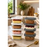 Zuri Design 8’li Kapaklı Kare Cam Puding Kasesi Saklama Kabı Beyaz - Gri Set 310 cc