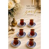 Zuri Design Royal Blue 6 Kişilik Cam Çay Bardağı ve Porselen Çay Tabağı Seti 12 Parça - Mavi